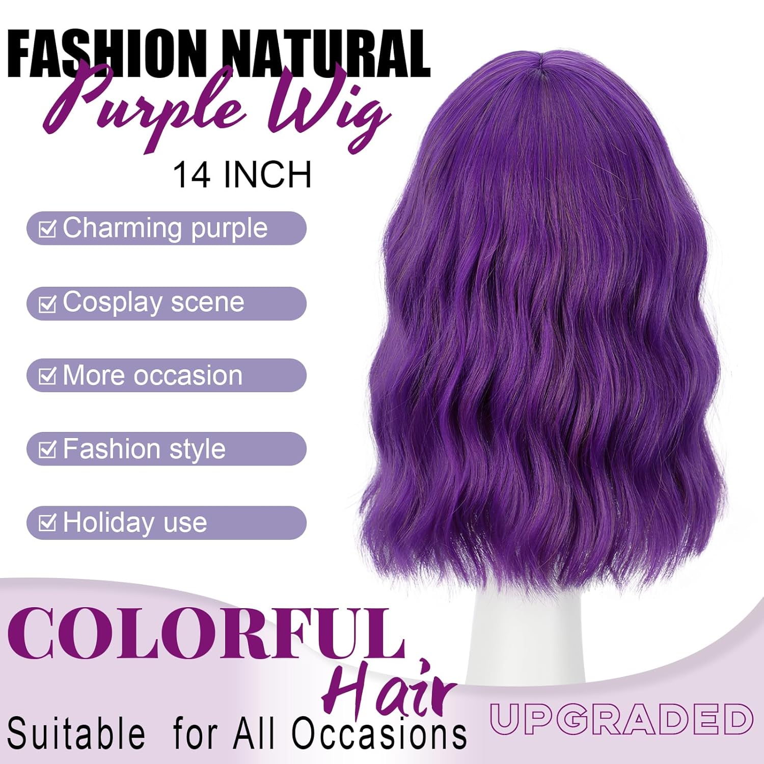 Earfodo Purple Wig for Women Short Purple Wavy Wigs with Bangs 14Inch Colorful Hair Synthetic Heat Resistant Colored Costume Wig for Halloween Cosplay Daily Party Use (Mixed Purple) - Image 4