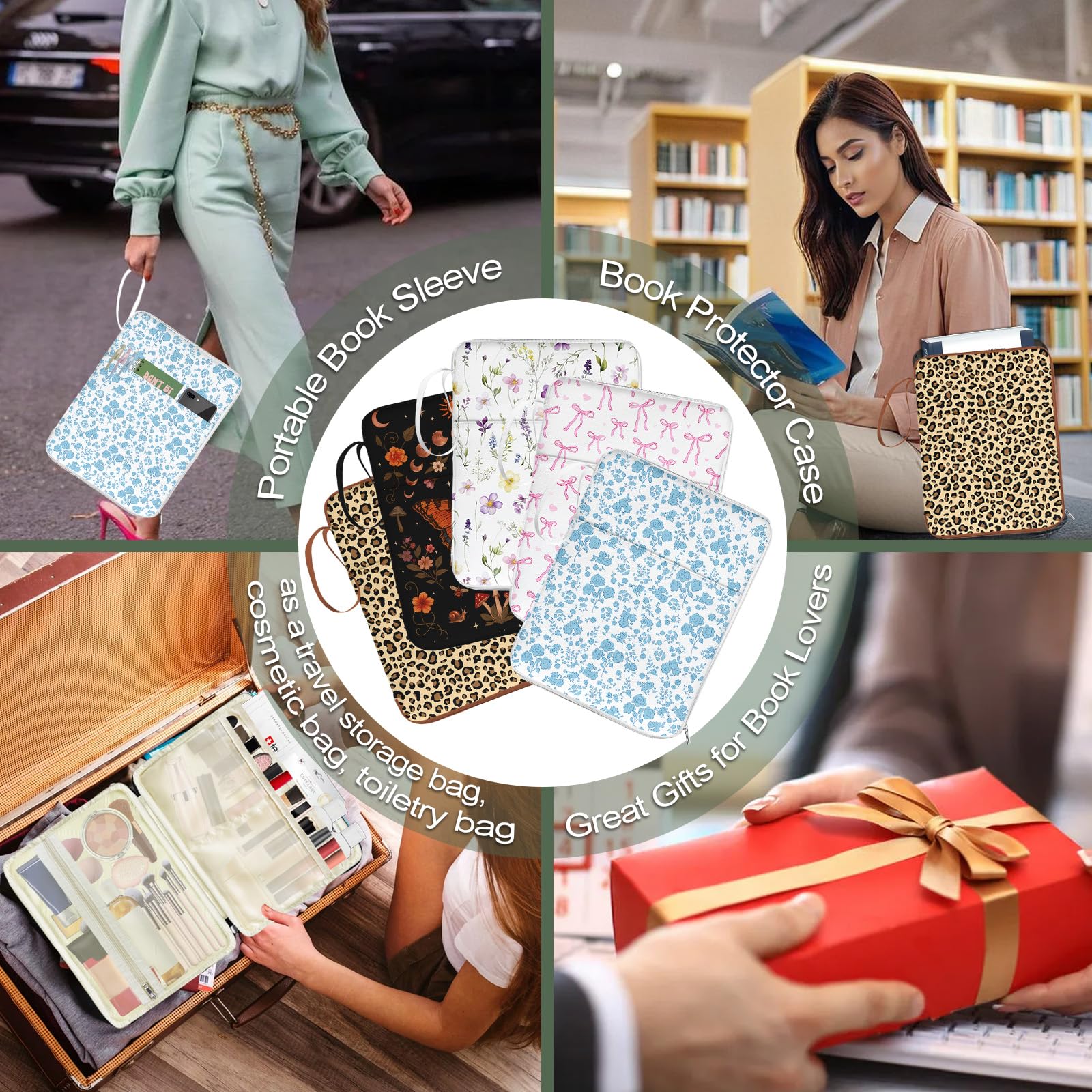 Custodia per libri leopardata con cerniera, custodia protettiva per libri in brossura, copertina rigida e libri biblici, borse con tasche e tracolla, custodia per libri per amanti dei libri, regali