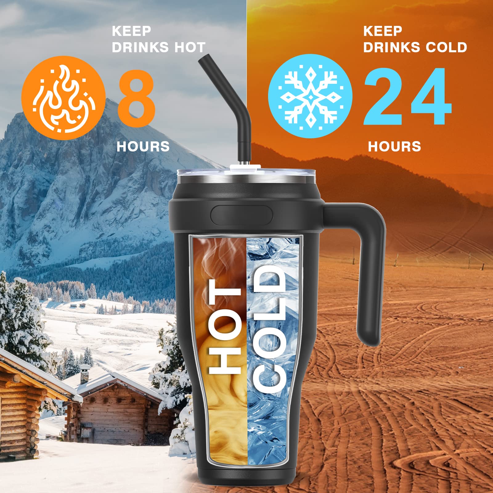 Zukro 40 oz Tumbler Cup with Handle and Straw, Double Wall Stainless Steel Vacuum Insulated Travel Mug with Lid, No Sweat, Leak proof, Keep Drinks Cold 24 Hours, Dishwasher Safe, BPA Free - Black