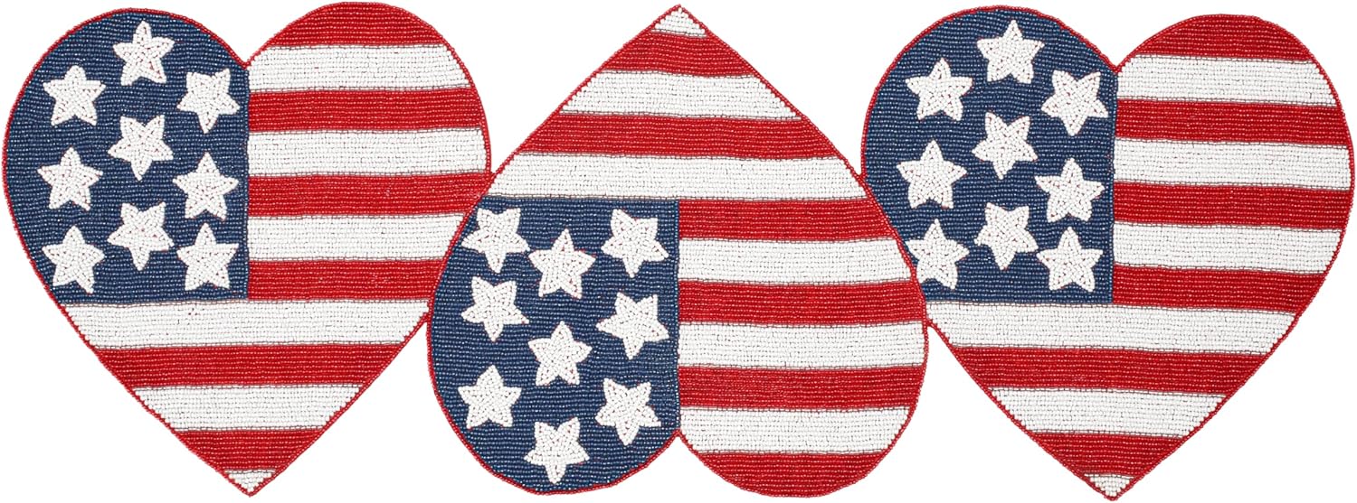Lightnpro Beaded Table Runner 13x36 Inch - American Flag Design Heart Shape Patriotic Table Décor for 4th of July, Independence Day, Christmas Thanksgiving Holidays & Special Events - Red Blue White