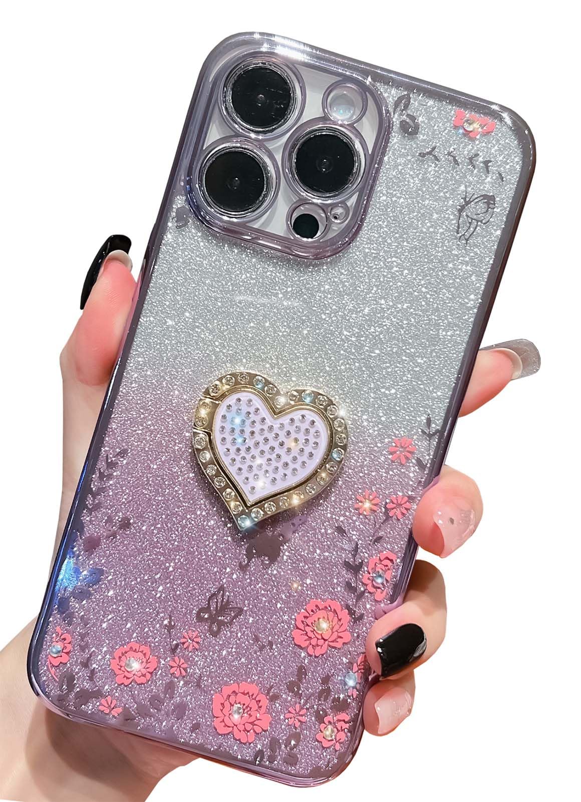 KERZZIL Luxury Butterfly Compatible with 14 Pro Max Case, Elegant Bling Glitter Love Heart Kickstand Phone Cases for Women Girls, Girly Golden Plating Cover(Purple)