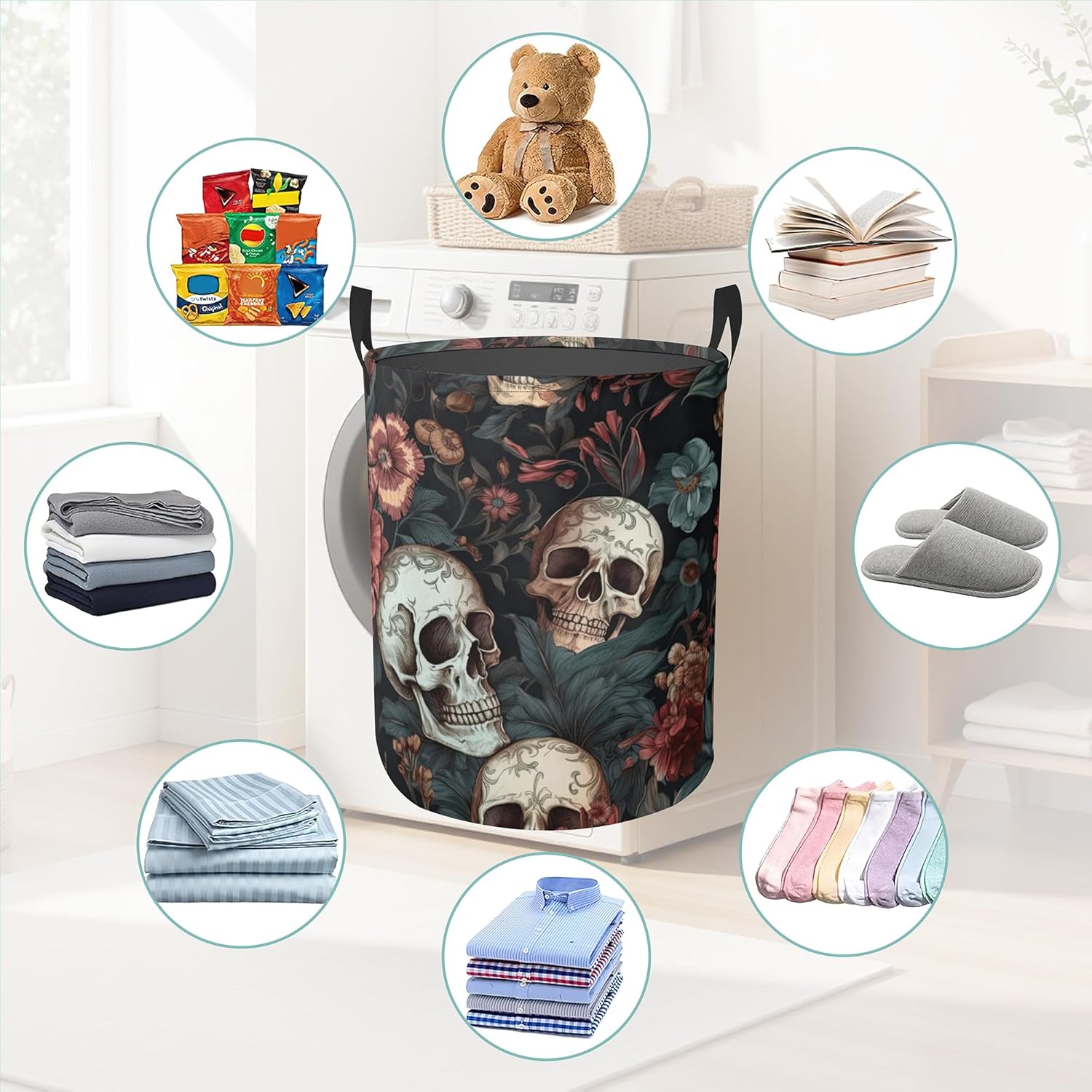 Laundry Hamper Foldable Oxford Cloth Retro Skull Flower Laundry Basket With Handle Portable Clothes Storage Organizer Basket Storage Bag For Laundry Room/Bedroom/Bathroom