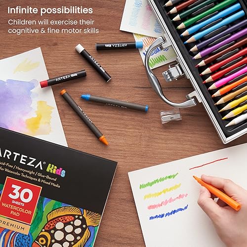 Miniatura 5 de ARTEZA Kit de pintura y dibujo para niños, paquete de 75 piezas, 18 mini lápices de colores, 16 pinturas de acuarela, 14 pasteles al óleo, 14 Rosado