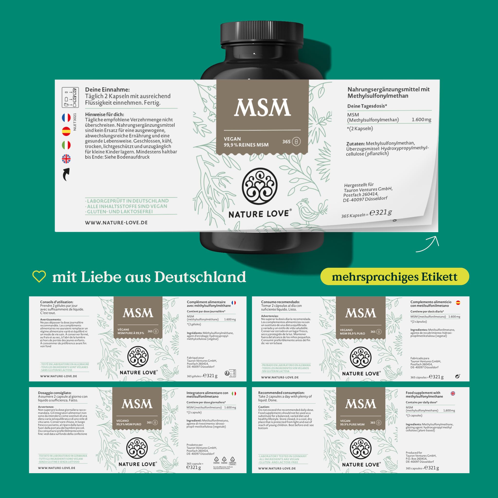 NATURE LOVE® MSM Kapseln - 365 Kapseln - 99,9% Reinheit - Hochdosiert mit 1600mg MSM Pulver je Tagesdosis - Optimal Bioverfügbar - Vegan, Laborgeprüft und in Deutschland hergestellt