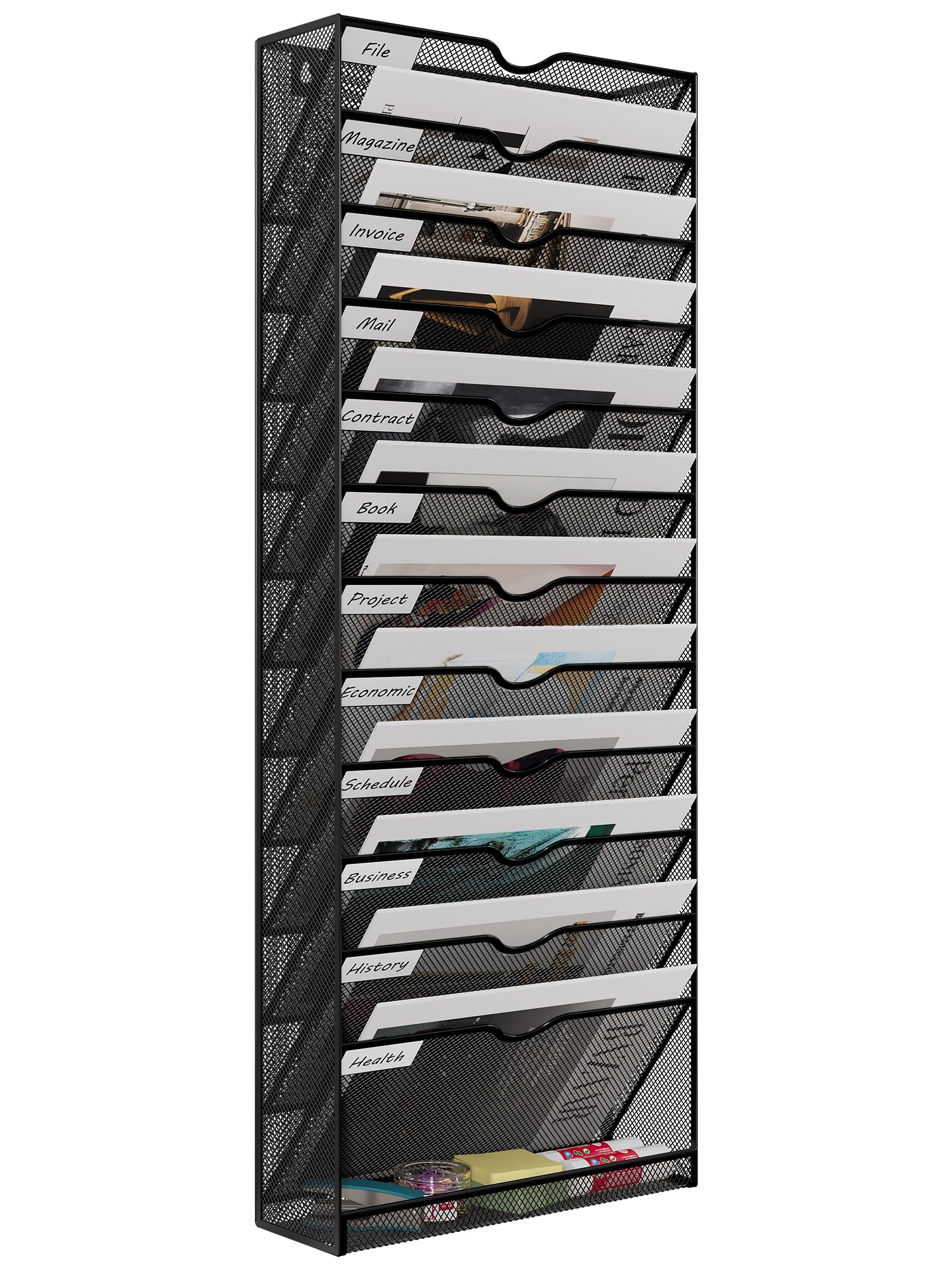 EasyPAG Metal 13 Tier A4 Wall Mounted Document Holder,Hanging Wall File Organiser,Pigeon Holes Storage,In Tray,Magazine Rack for Office & Home,Black