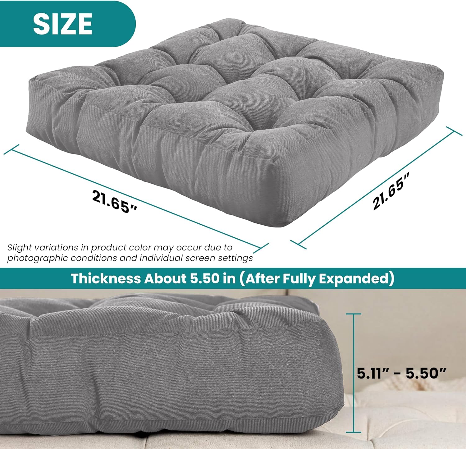 NEST & LOOM Floor Cushions - Floor Chair Pillow, Meditation Cushion, Square Large Floor Pillow, Solid Thick Tufted Floor Pillow - Grey - 21.65" x 21.65"