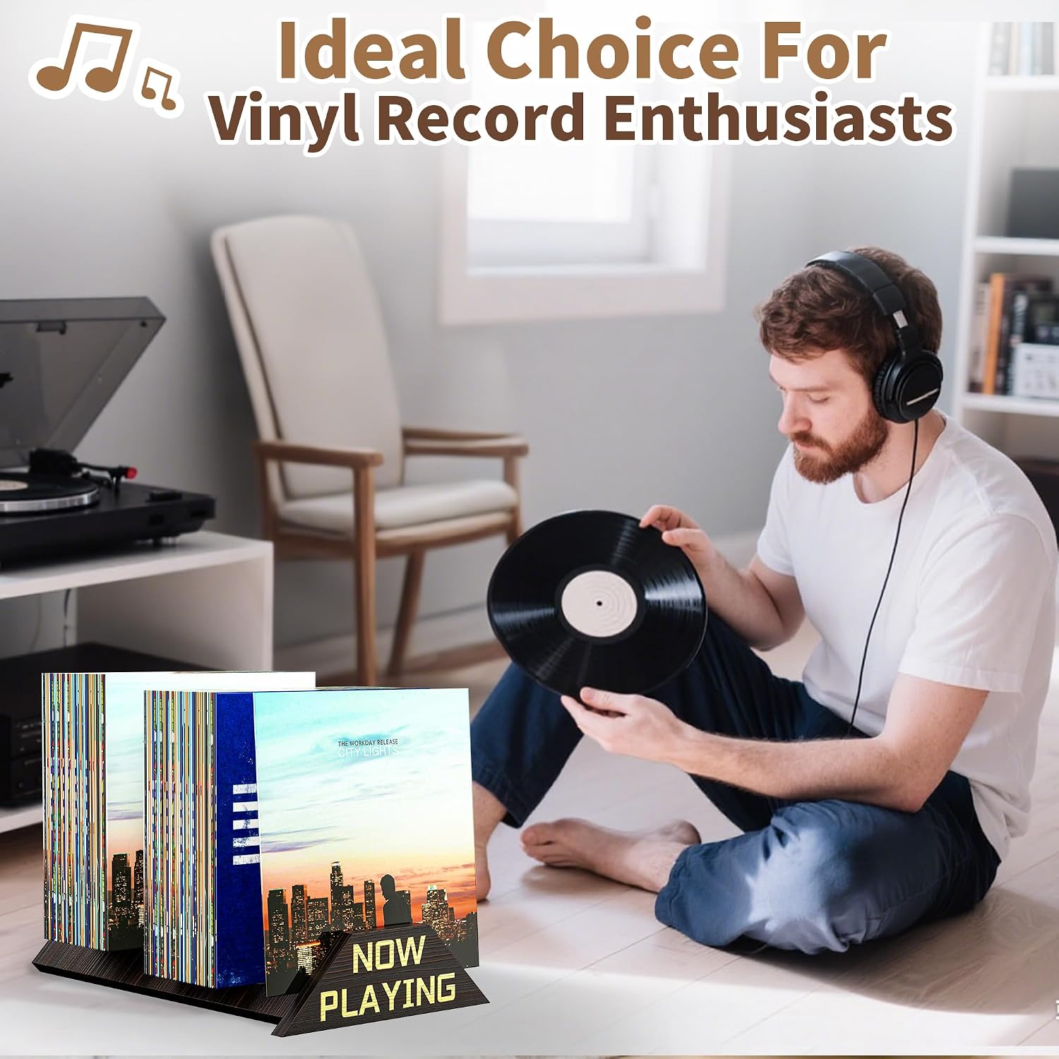 Now Playing Vinyl Record Stand, 80-100 LP Vinyl Storage Rack, 3 Compartment Wooden Vinyl Display Shelf, Retro Desktop Album Storage for Record Albums, Magazines, Books, Files (Black)