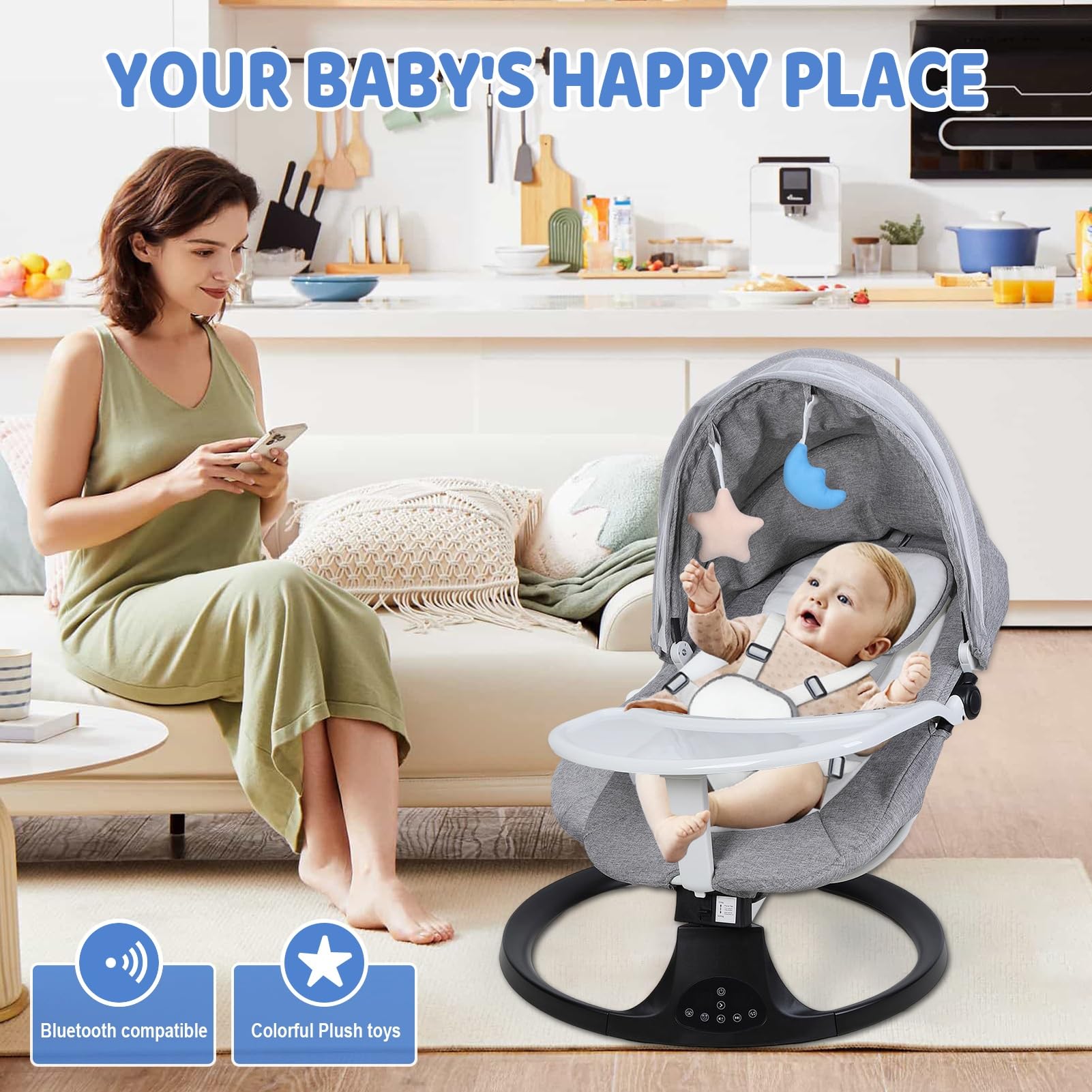 Transat Bébé Évolutif Balancelle Électrique avec Bluetooth/Télécommande - Harnais 5 Points, Mouvement Up-Down, Pare-Soleil et Alimentation Piles/Secteur - Transat Balancelle Bébé 0-24
