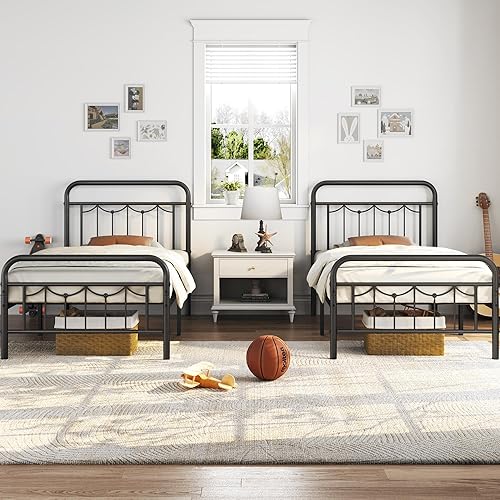 Miniatura 9 de Topeakmart Base de cama de metal individual con cabecera y estribo vintage, marco de cama de metal resistente de 13 pulgadas con almacenamiento,