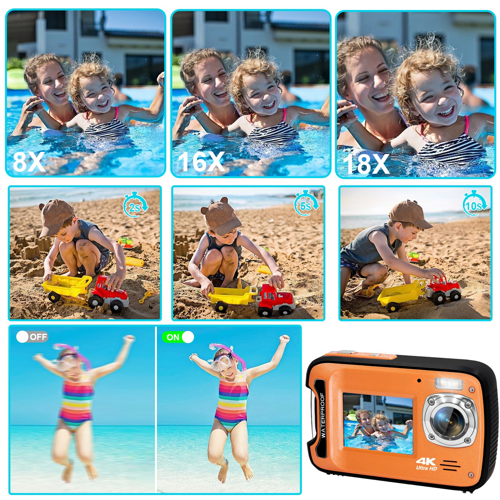 Appareil photo numérique étanche 4K 48 MP 5,2 m pour plongée avec tuba, caméra sous-marine double écran mise au point automatique avec carte de 32 Go, zoom 18x et lumière compacte