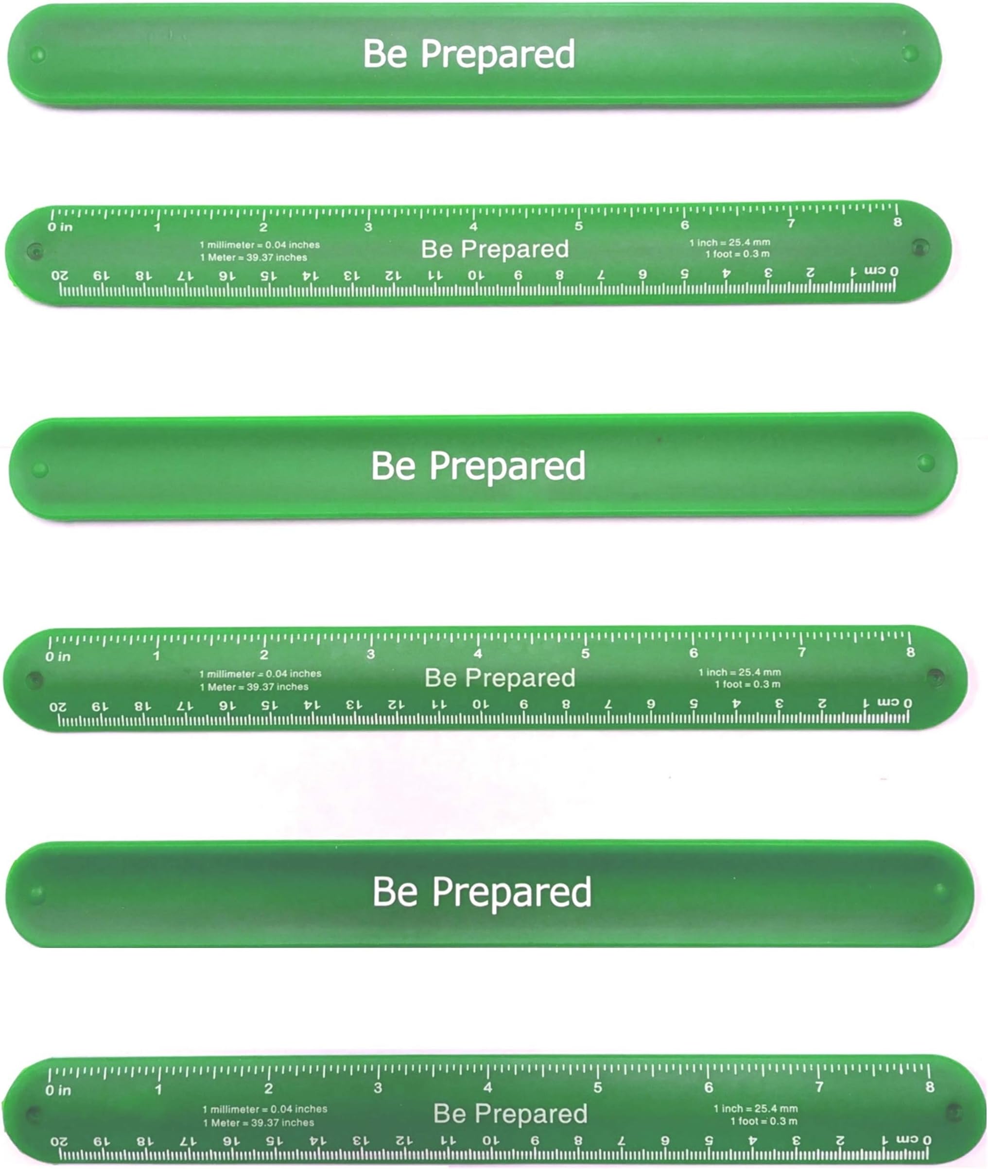 Boy Scout Be Prepared Green Ruler Slap Band, Pack of 6 - Great Item for Scout Dens, Favors, Gift, Prize, Fun Items, Accessories, Swag, Fidget Bracelet