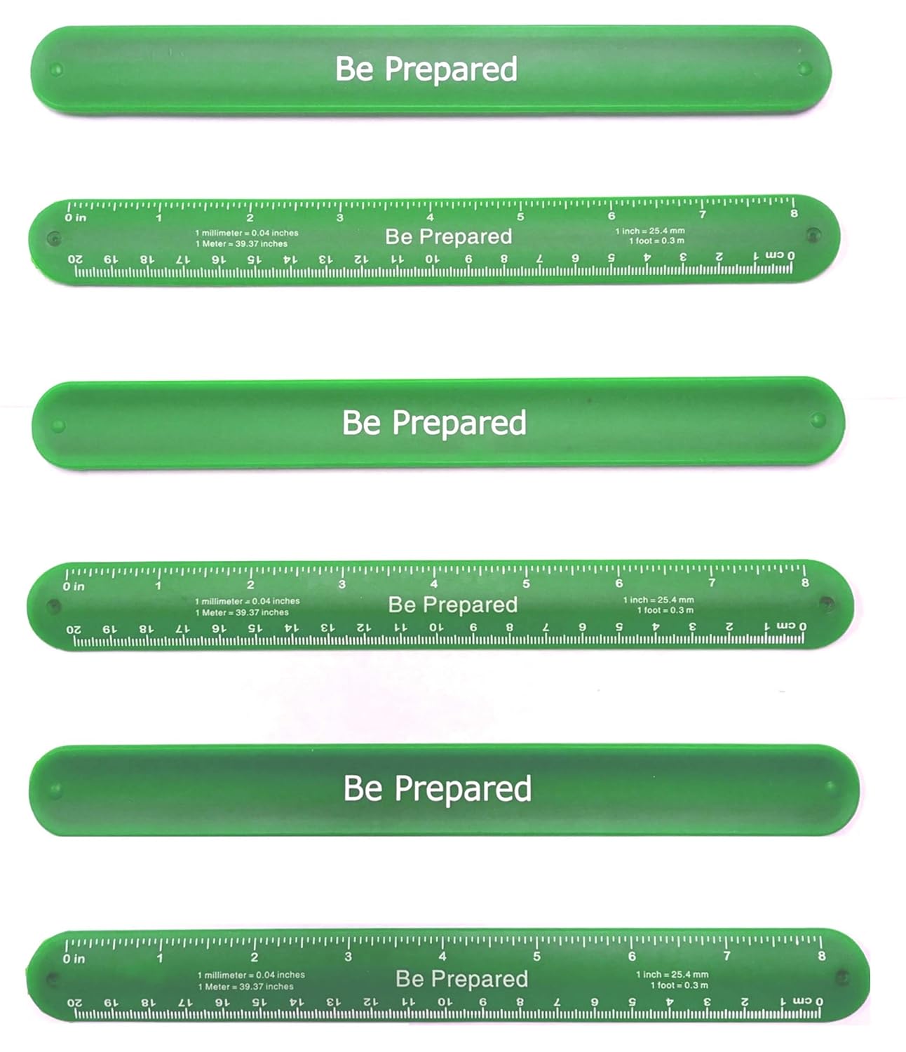 Boy Scout Be Prepared Green Ruler Slap Band, Pack of 6 - Great Item for Scout Dens, Favors, Gift, Prize, Fun Items, Accessories, Swag, Fidget Bracelet