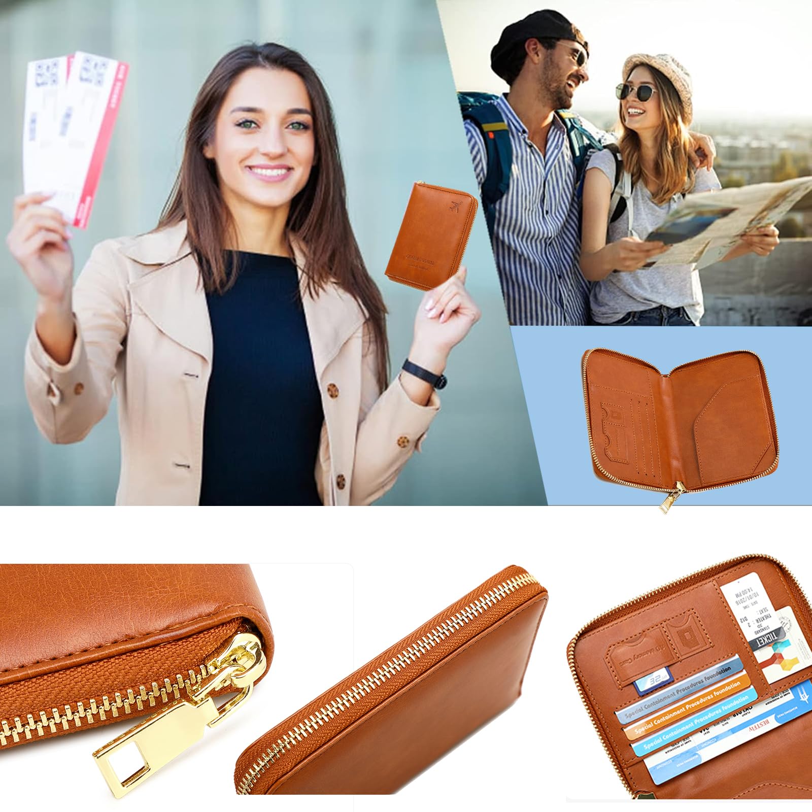 Funda para pasaporte con cierre de cremallera seguro, bloqueo RFID, piel sintética, impermeable, cartera de viaje para mujeres y hombres, Azul oscuro, Cartera para pasaporte Rfid