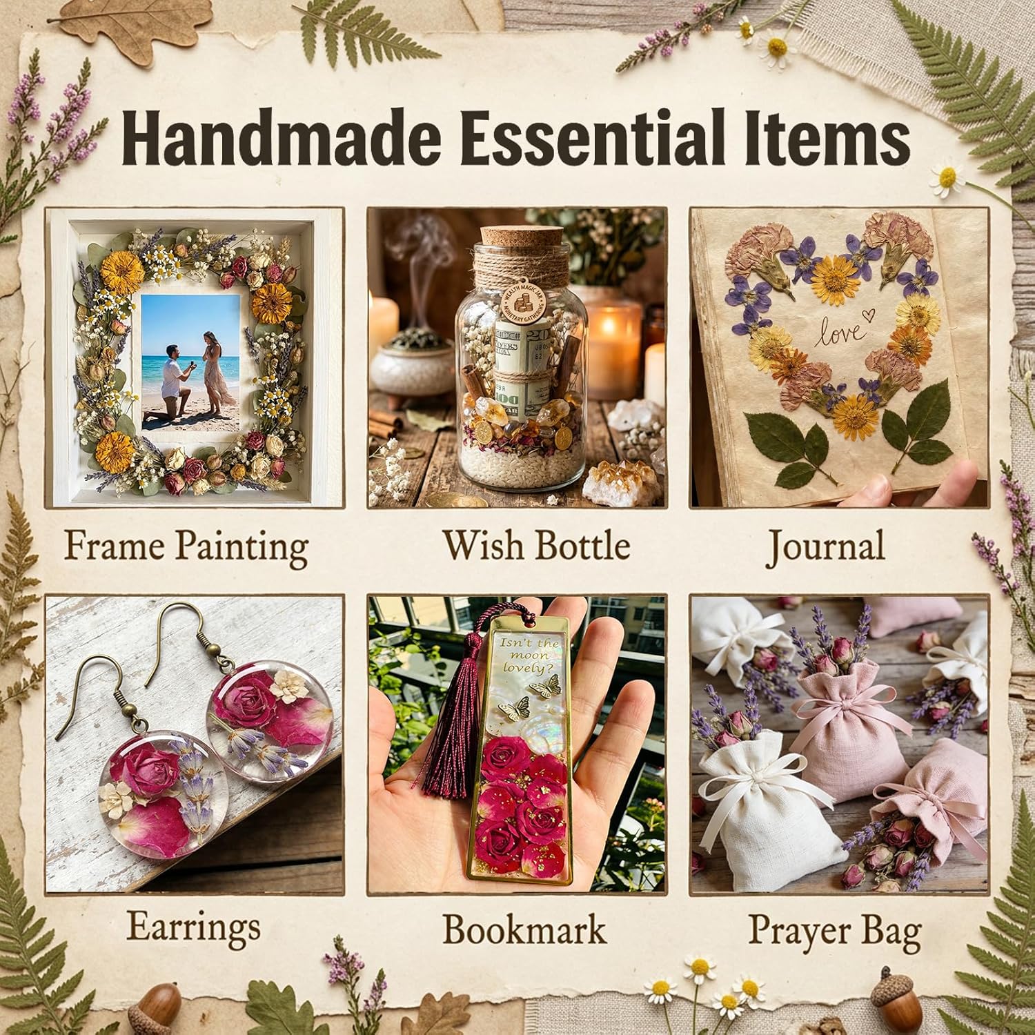 50 Bags Dried Flowers Candle and Soap Making, Variety Dried Herbs Kit for Witch Altar Supplies, Pagan Ritual, Bulk Botanical Lavender Rose Petals Rosemary Ideal for Resin Pressed Flowers DIY Craft