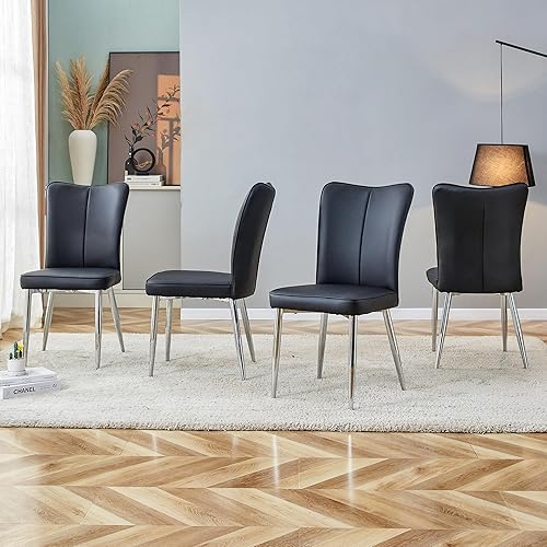 Modern Minimalist Dining Chairs Set of 4, PU Cushion Curved Backrest, Electroplated Metal Legs, for Dining Room Kitchen Table Seating Chair Sets
