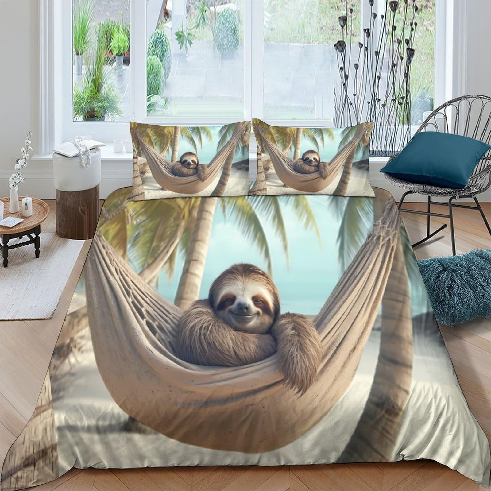 XFKLYNVCJ 3D Printed Sloth relaxing Bed Cover Polyester Tropical beach vibe Bedding Cover Wrinkle Resistant Fade Resistant Durable Easy Care Machine Washable for All Season Use Single（140x200cm）