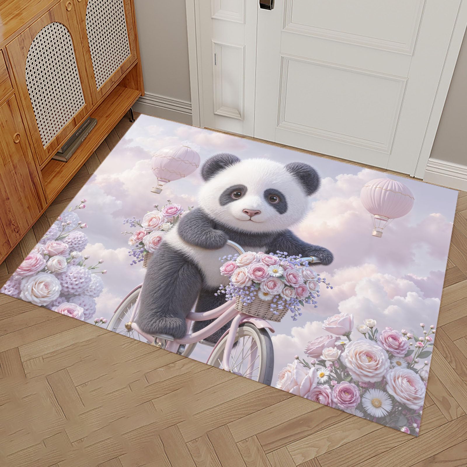Fußmatte mit Panda Auf Einem Fahrrad für den Innenbereich, Romantischer Cartoon Waschbare rutschfeste Teppichmatte für Eingangsbereich, Fußabtreter Innen für Terrasse Flur, 80x120cm