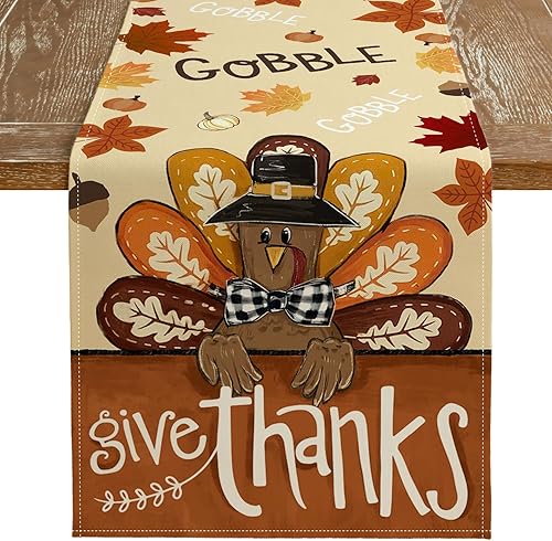 Miniatura 1 de ARKENY Camino de mesa de Acción de Gracias de 13 x 36 pulgadas, Give Thanks Gobble Turkey Seasonal Burlap Farmhouse Indoor Outdoor Autumn Table