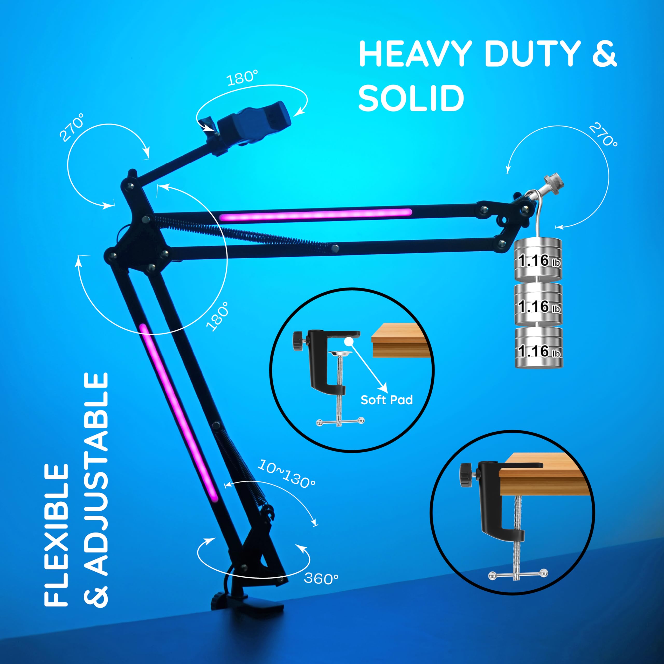 Cezo Soporte de brazo RGB para micrófono con soporte para teléfono móvil y 7 modos de color, soporte de brazo de tijera para grabación de estudio, transmisión y juegos