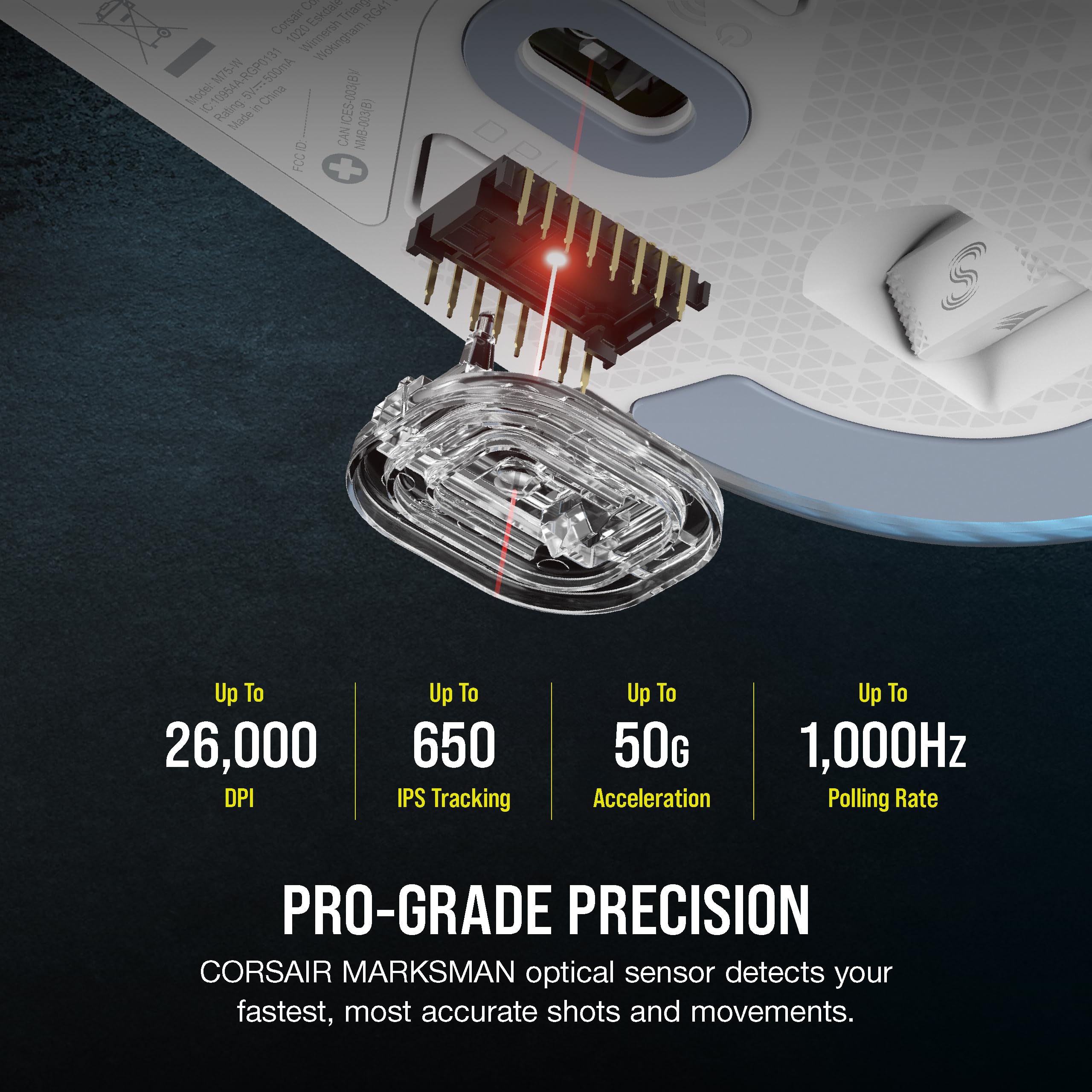 Corsair M75 Mouse da gioco wireless RGB leggero FPS - 26.000 DPI - Pulsanti laterali intercambiabili - Compatibile con iCUE - PC - Bianco