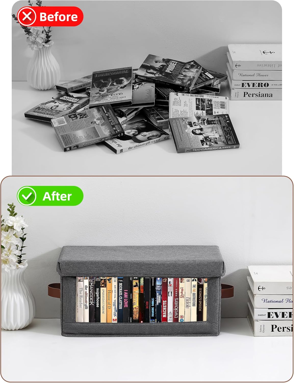 4 Pack DVD Storage Box with Visible Window, Dustproof CD/DVD Case Holder Organizer Rack Can Hold Up to 104 DVD, Blu-ray & CD Storage, Stackable and Lid Design-Grey