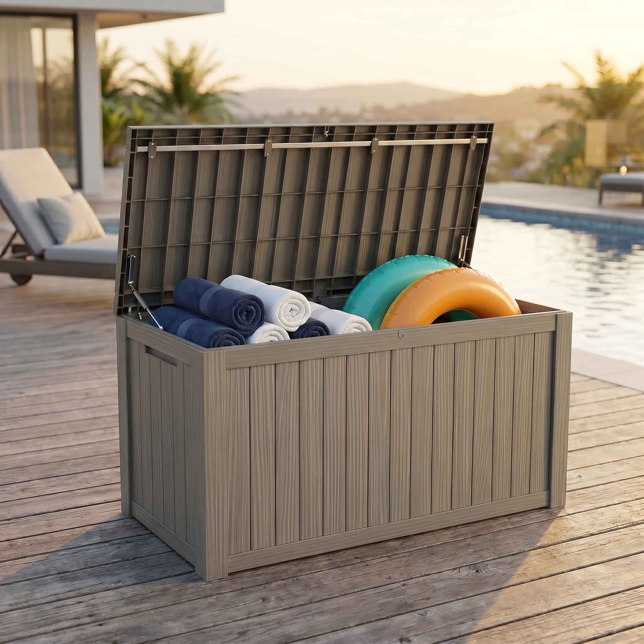 178 Gallon Resin Deck Box with Gas Lift Support – Outdoor Storage for Patio Furniture, Garden Tools &amp; BBQ Accessories – Weatherproof Wood Grain Design with 660 Lbs Bench Seat (Lockable Lid)