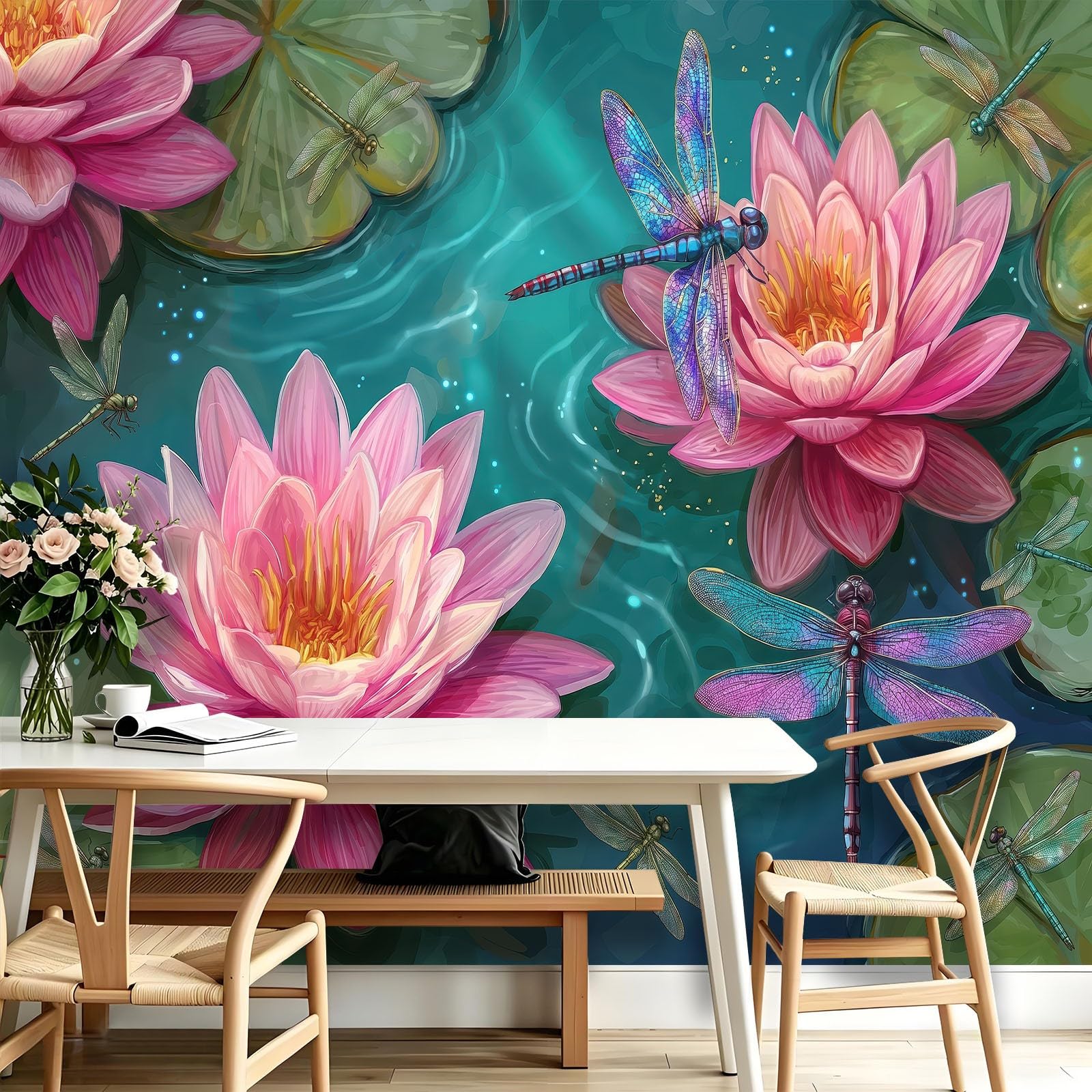 Akwarelowa fototapeta z kwiatami – 400 x 280 cm (szer. x wys.) fototapeta – staw lilie wodne liście lotosu dekoracyjna tapeta do salonu, sypialni, biura i kuchni