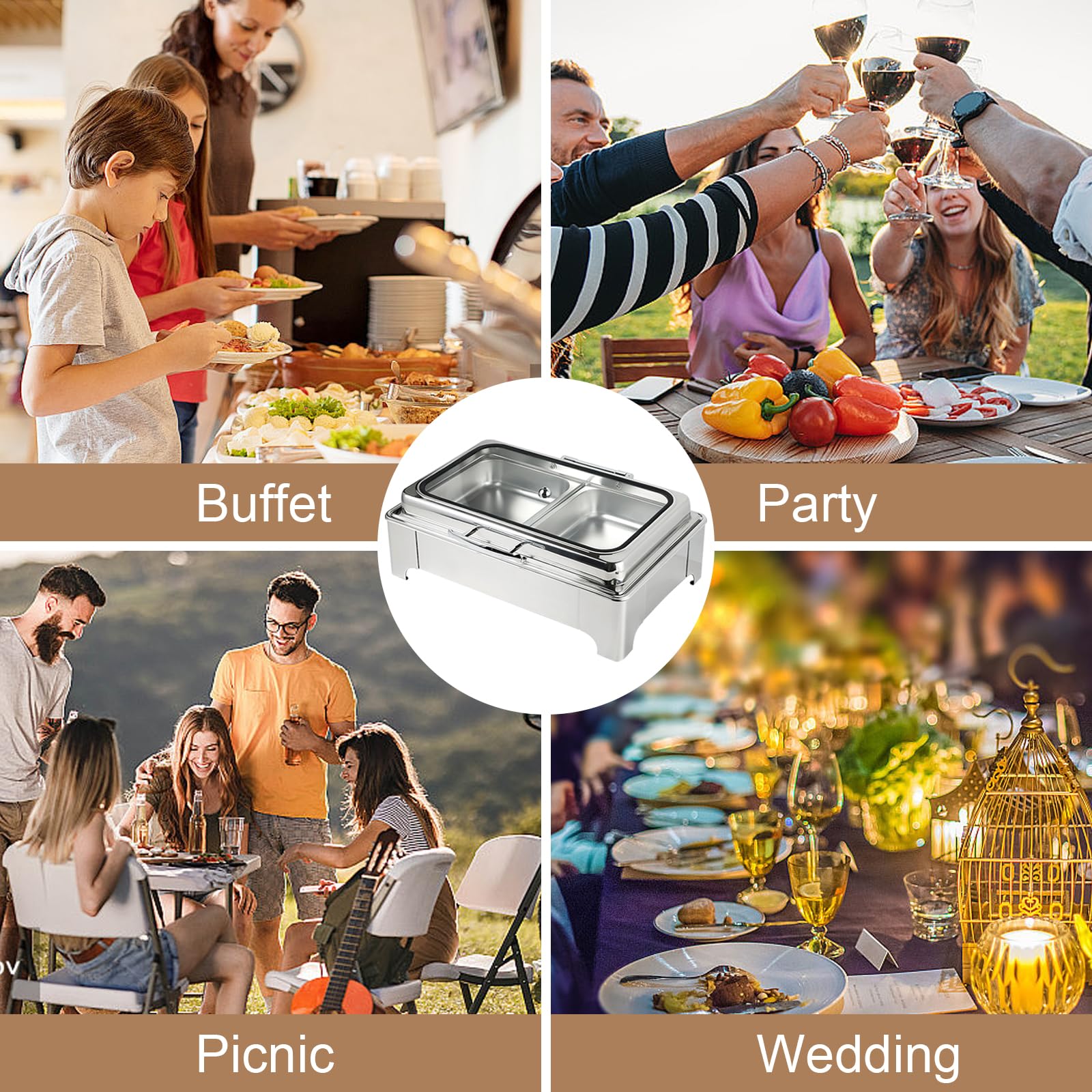 Chafing Dish Elettrico Professionale, 9L Scaldavivande Elettrico per Buffet, Acciaio Inox Chafing Dish Buffet con Coperchio Trasparente, Temperatura Regolabile (1/1)
