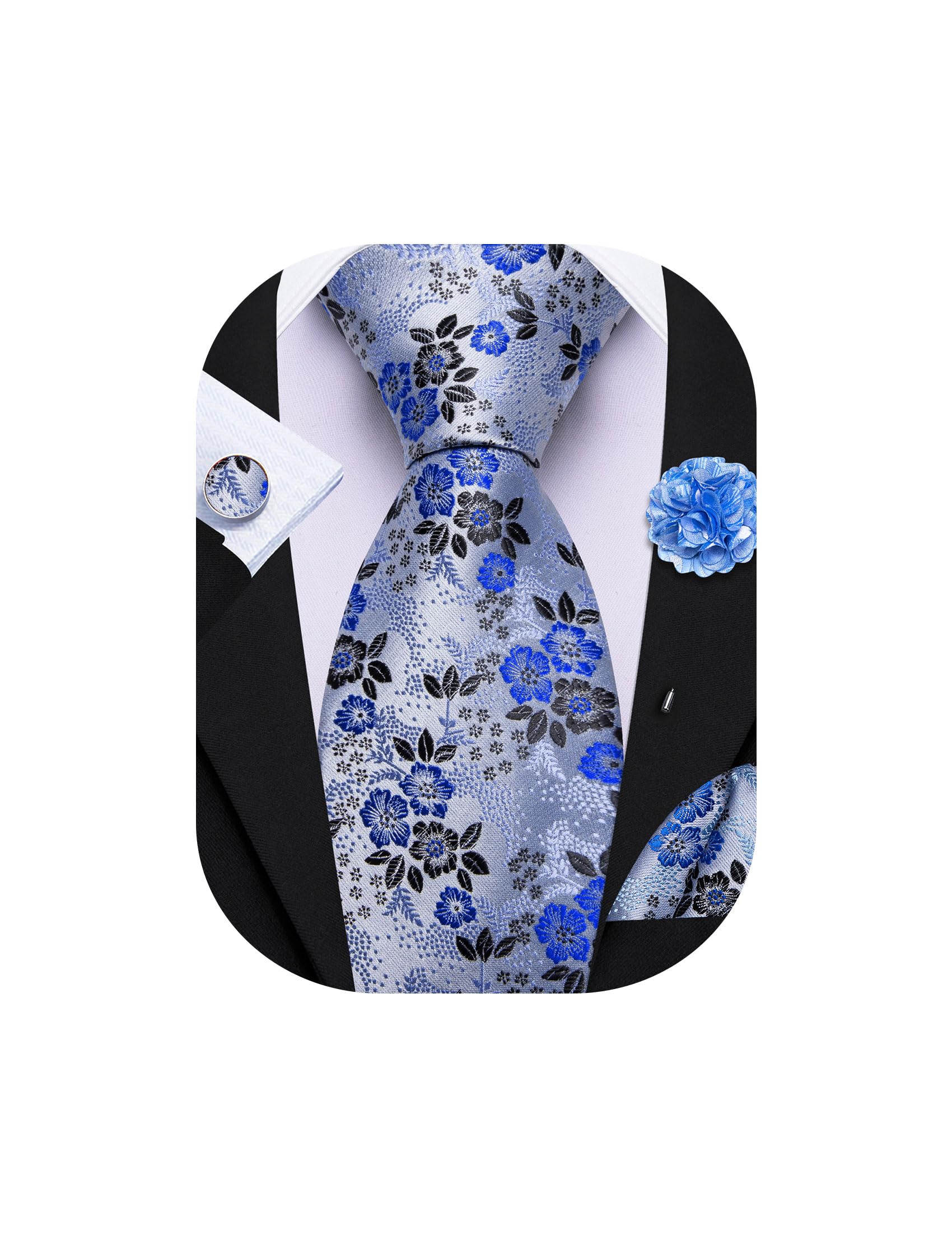 Barry.Wang Juego de gemelos cuadrados de seda para hombre, corbata floral con diseño de flores, para boda, fiesta, negocios