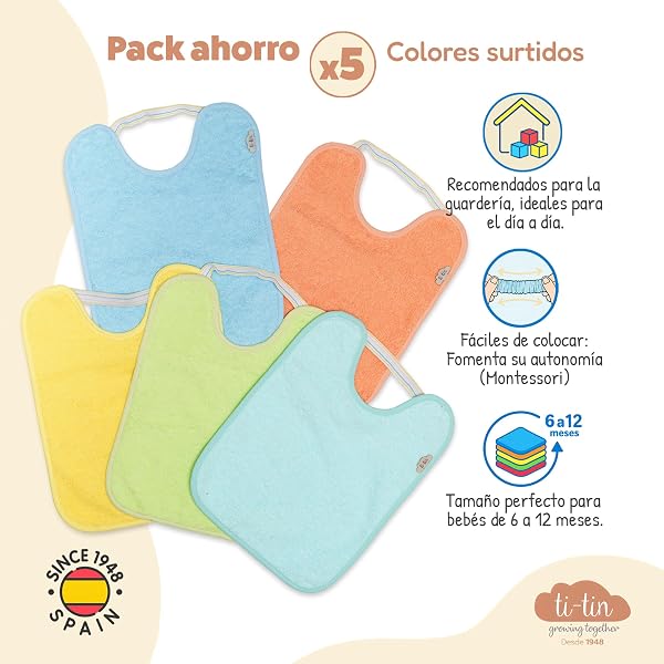 Ti TIN Pack 5 Baberos Bebé Impermeables y Absorbentes - 6 a 12 Meses - Ideal Guardería con Goma Elástica y Rizo de Algodón Extra Suave - 5