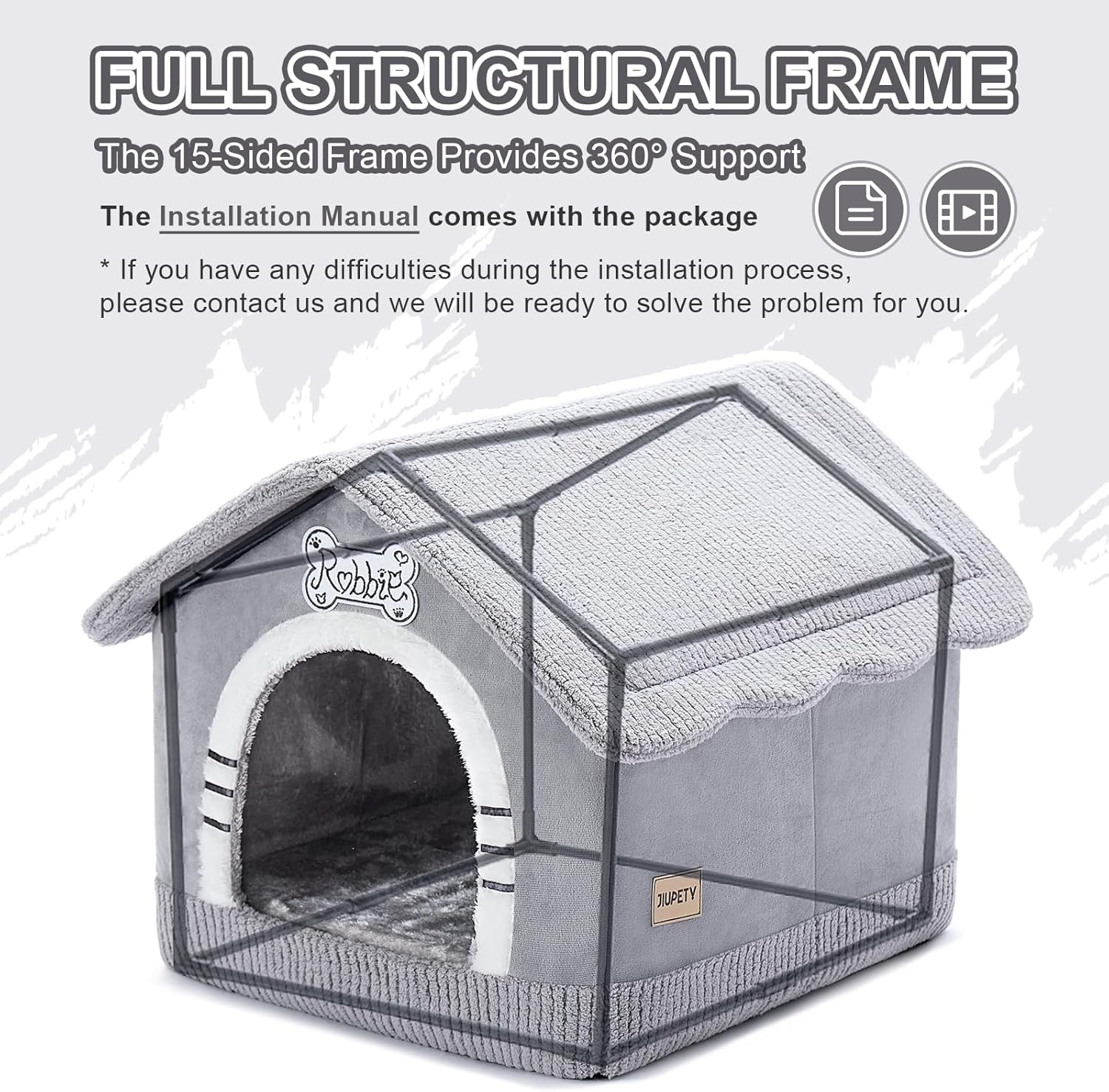 Jiupety Indoor Dog House with Frame, Large Dog Cave Bed, Insulated Cozy, Suitable for 25-60 lb, Large Plus (30"×26"×25"), Gray