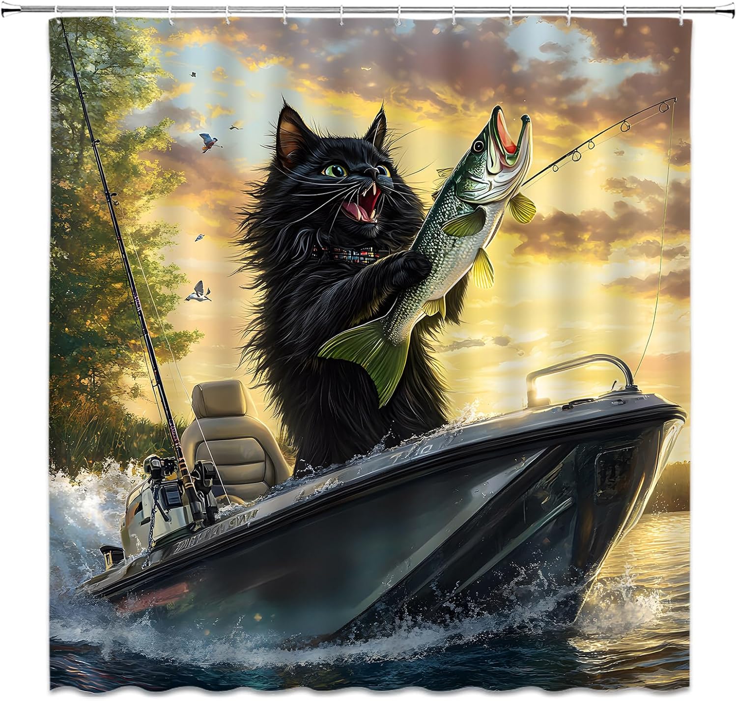 Funny Cat Shower Curtain Cute Black Cat Fishing Rustic Cabin Lodge Camp Lake Fabric Bathroom Decor Set with Hooks,(84" Wx70 H)