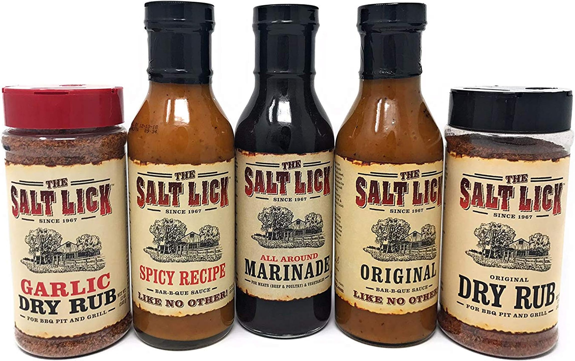 Salt Lick Favorites Assortment Version 2, one each of Original Dry Rub, Original Sauce, Lauren's Spicy Sauce, Garlic Dry Rub, and All Around Marinade, 5 pack