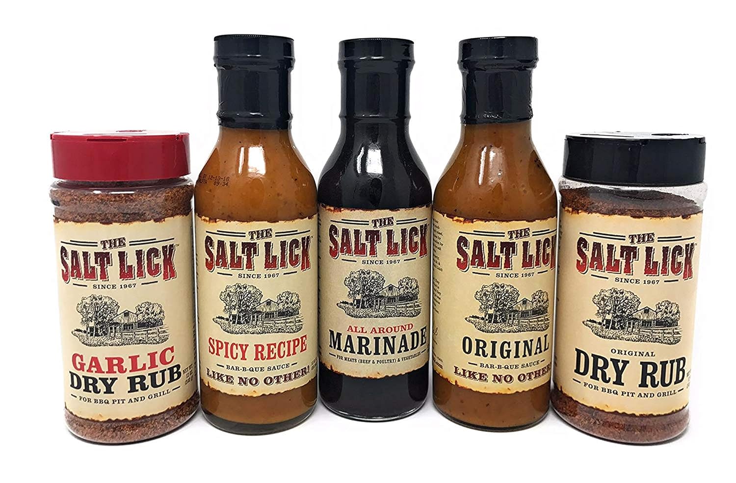 Salt Lick Favorites Assortment Version 2, one each of Original Dry Rub, Original Sauce, Lauren's Spicy Sauce, Garlic Dry Rub, and All Around Marinade, 5 pack