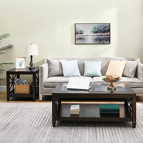 Miniatura 17 de MODERION Mesa de centro de madera maciza con tapa de vidrio templado, mesa rectangular para sala de estar con estante de almacenamiento de 2