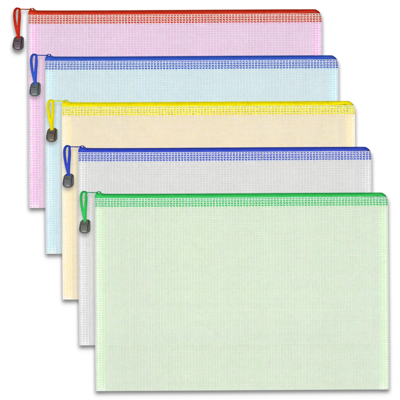 A4 Plastic Wallets File Folder Zip LockBags Document Wallet File Zipper Bag 5 Pack-Mixed Colors