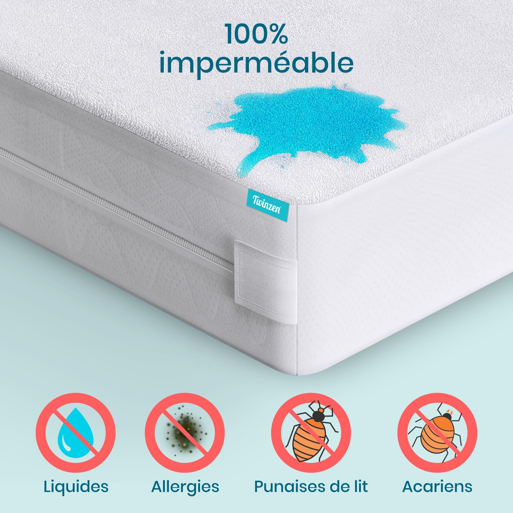 Twinzen - Housse Matelas 140 x 190 x 25 cm Anti-Acarien et Punaises de Lit - Housse de Matelas 140x190 cm avec Fermeture Éclair - Bi-Ome et Oeko-Tex