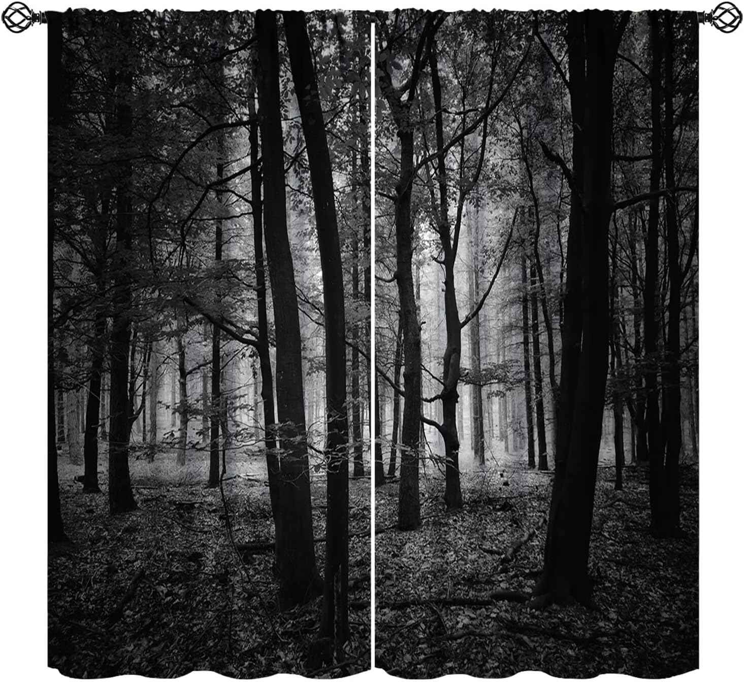 Forest Blackout Curtains，Gothic Natural Scenery Fantasy Dark Black Misty Foggy Mysterious Forest Woodland Pattern Drapes Window 2 Panel Rod Pocket Curtain for Bedroom Living Room Decor 21" W X 45"