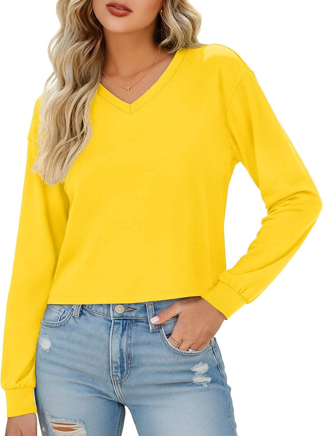 YUCOLEN Long Sleeve Crop Tops for Women Cotton V Neck T Shirts Loose Fit Cropped Basic Tees Soft Casual Fall Outfits