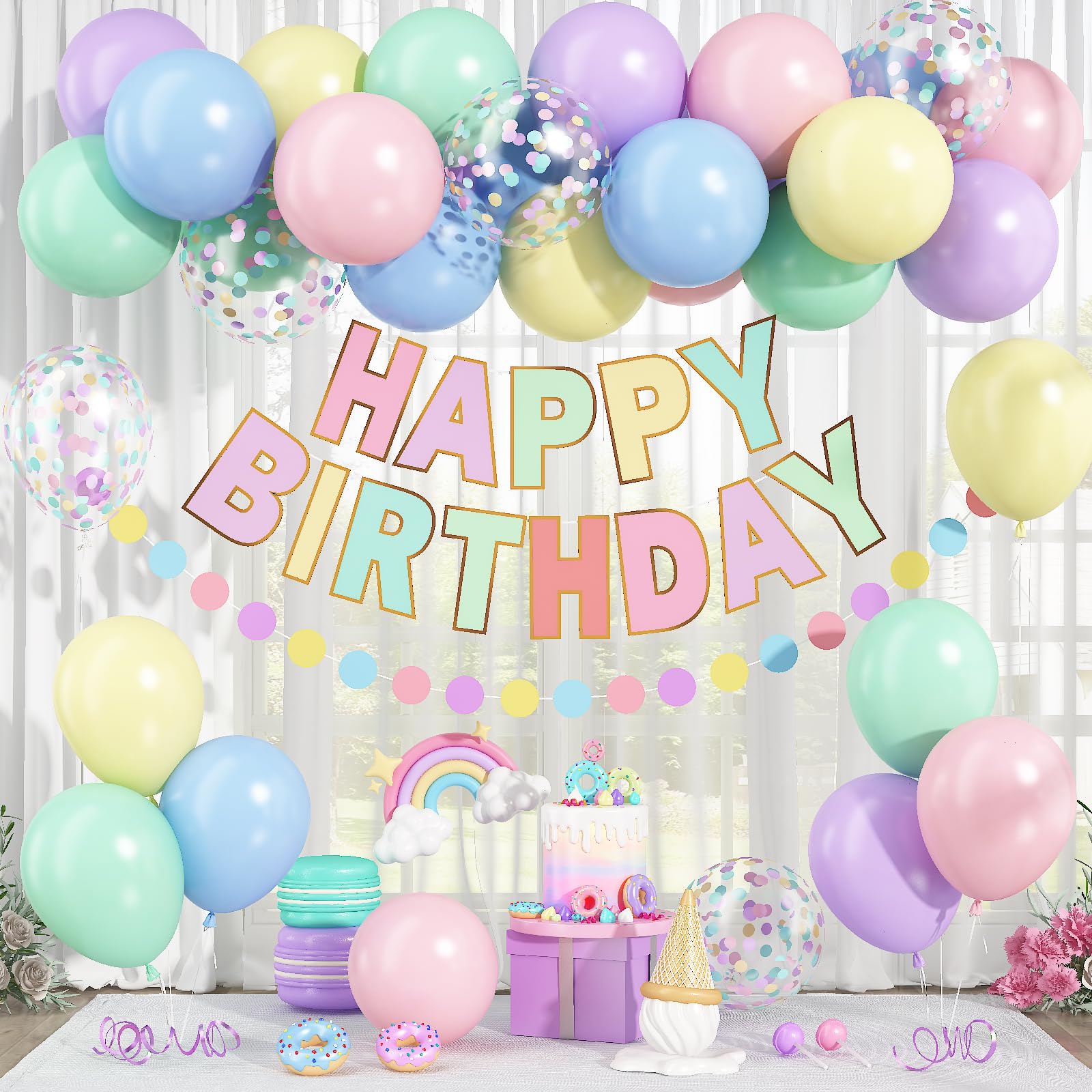 Pastel Birthday Decoration Balloon, Rainbow Happy Birthday Banner Balloon