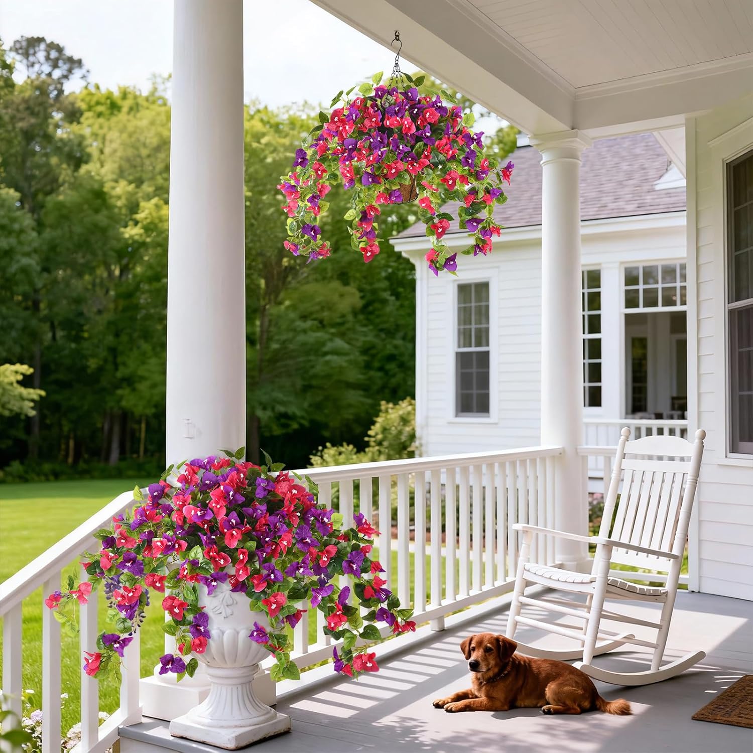 Homsunny Artificial Fake Hanging Flowers Plants Basket for Outdoor Decoration, Faux Silk Flower Bougainvillea Planter Look Real UV Resistant for Home Porch Patio Balcony Yard Spring Decor(Mix Pulple) - Image 5