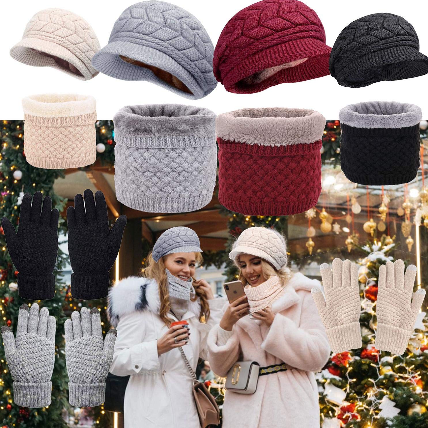 CheChruy Femme Tricoté Béret Écharpe à Boucle Gants 3 Pièces Ensemble Chaud Cache-Cou de Doublure Polaire et Bonnet Tricot Hiver Chapeau