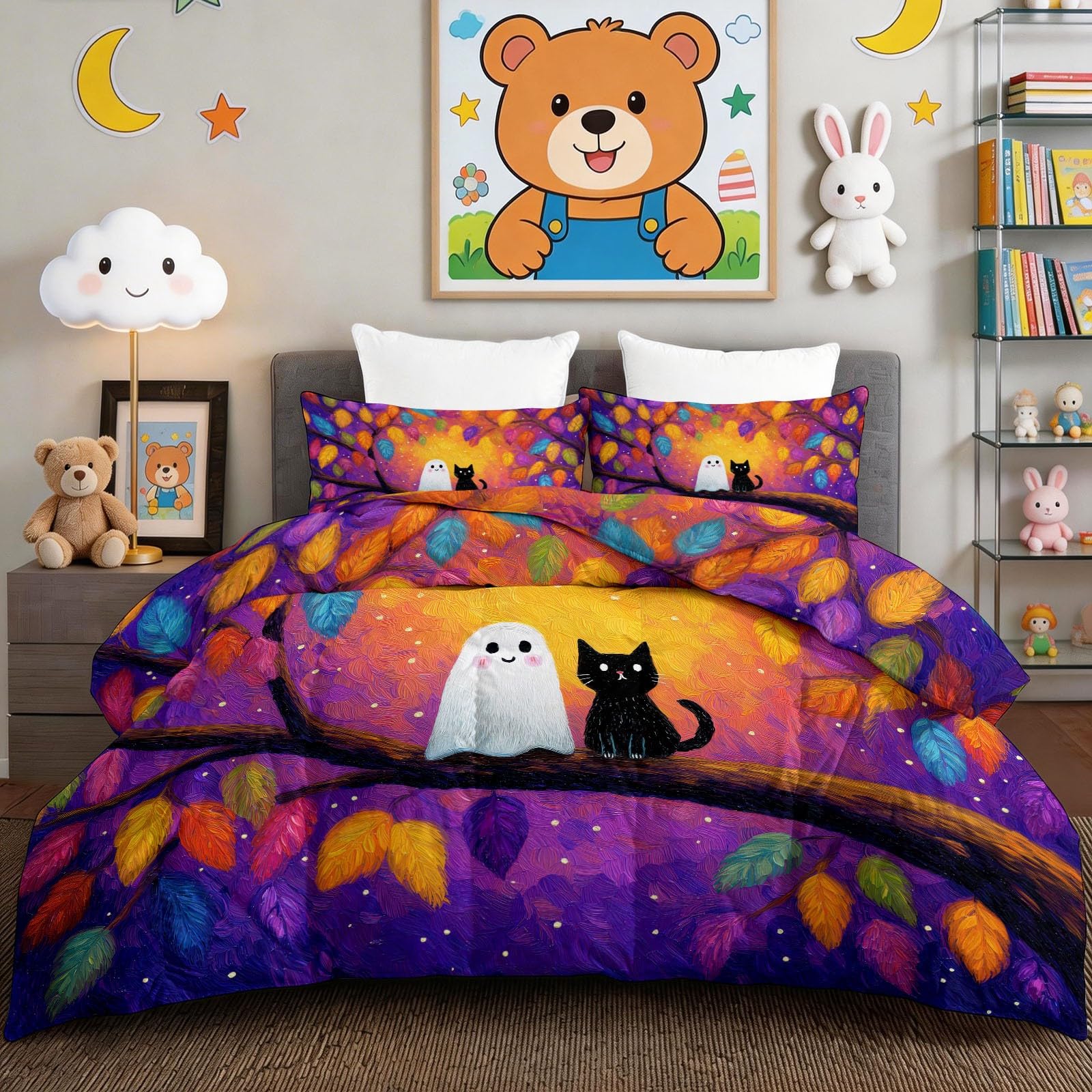 Edredón lavable de 135x200 lila con gatitos animados para todo el año
