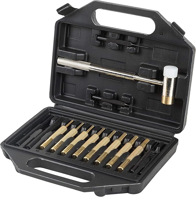 Brass Pin Punch Set with Hammer, Steel and Plastic, the Hammer is Brass