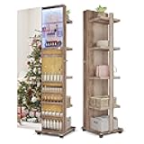 Lvifur 360° Rotating LED Jewelry Armoire,Side Pull Full Length Mirror Large Capacity Floor Standing 3 Color Dimmable Mirror Standing Jewelry Organizer Armoire with 4 Rollers,Rear Storage Shelves,Brown
