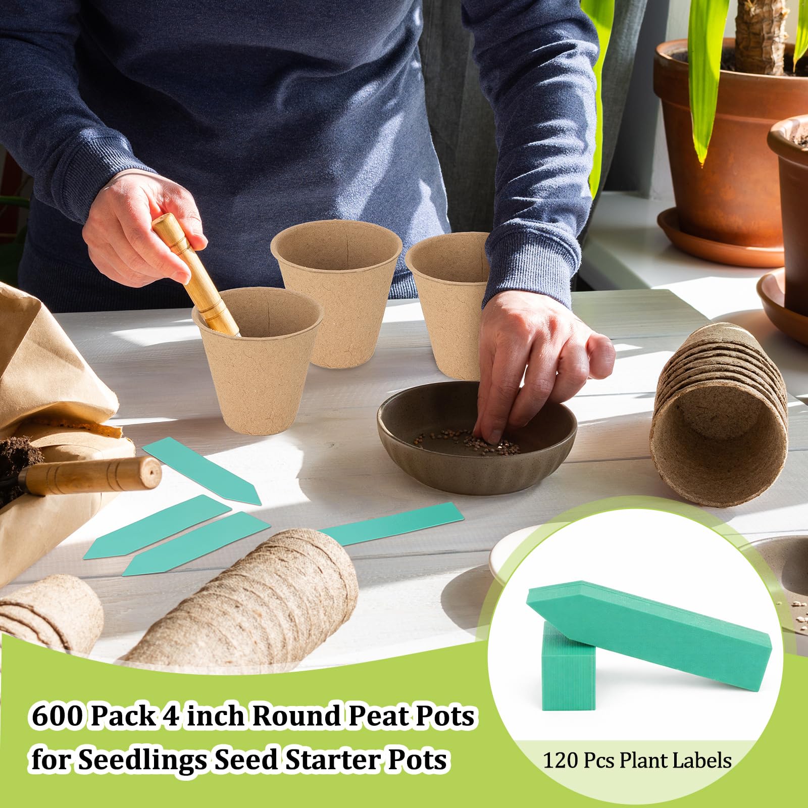 FillTouch Torftöpfe, rund, biologisch abbaubar, Pflanzen-Starter-Töpfe mit 120 Etiketten für Gartenkeimung, 600 Stück