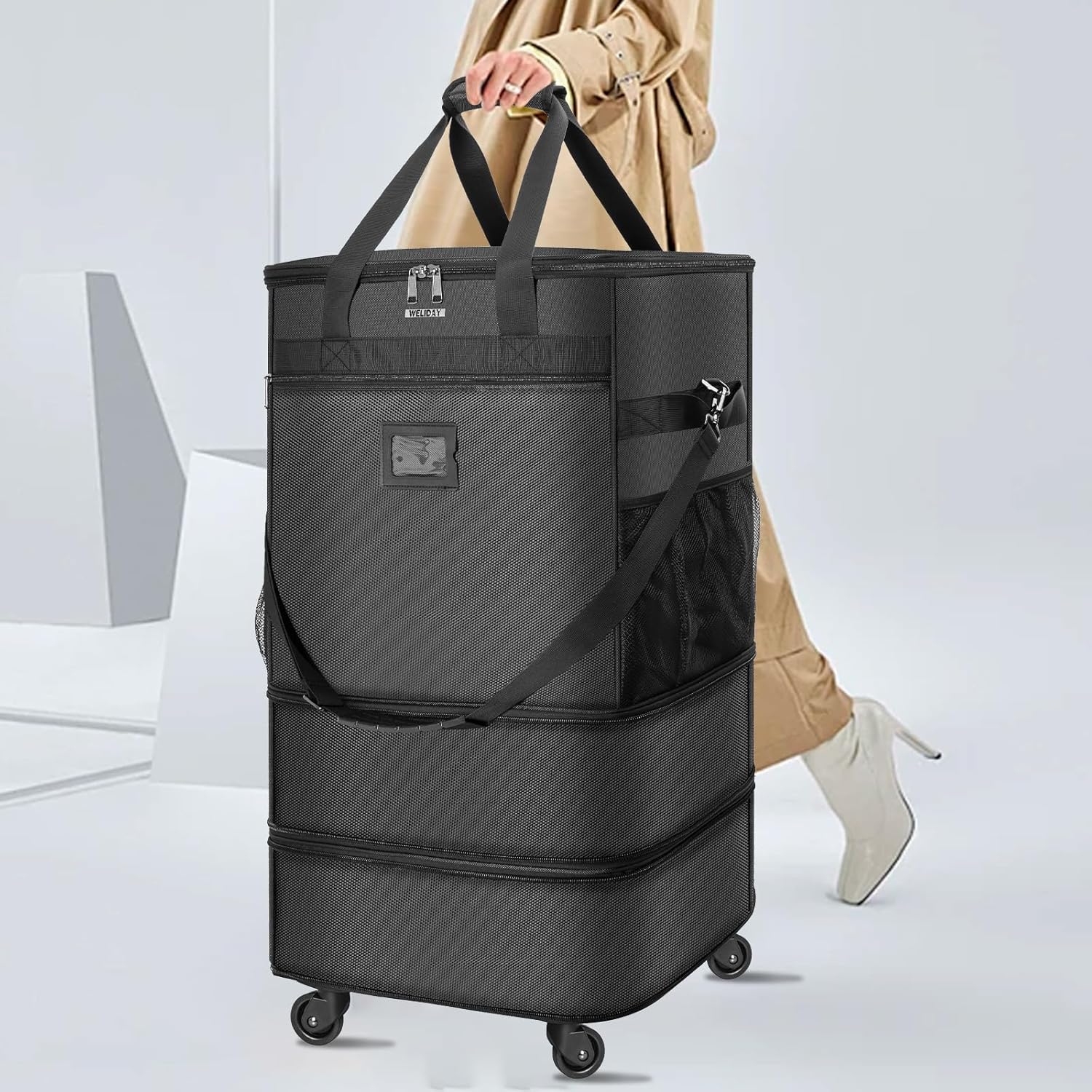 Suitcases with Wheels Expandable Luggage Bag Foldable Suitcase with 4 Universal Wheels Collapsible Rolling Travel Bag Large Capacity Duffel Bag (Black)