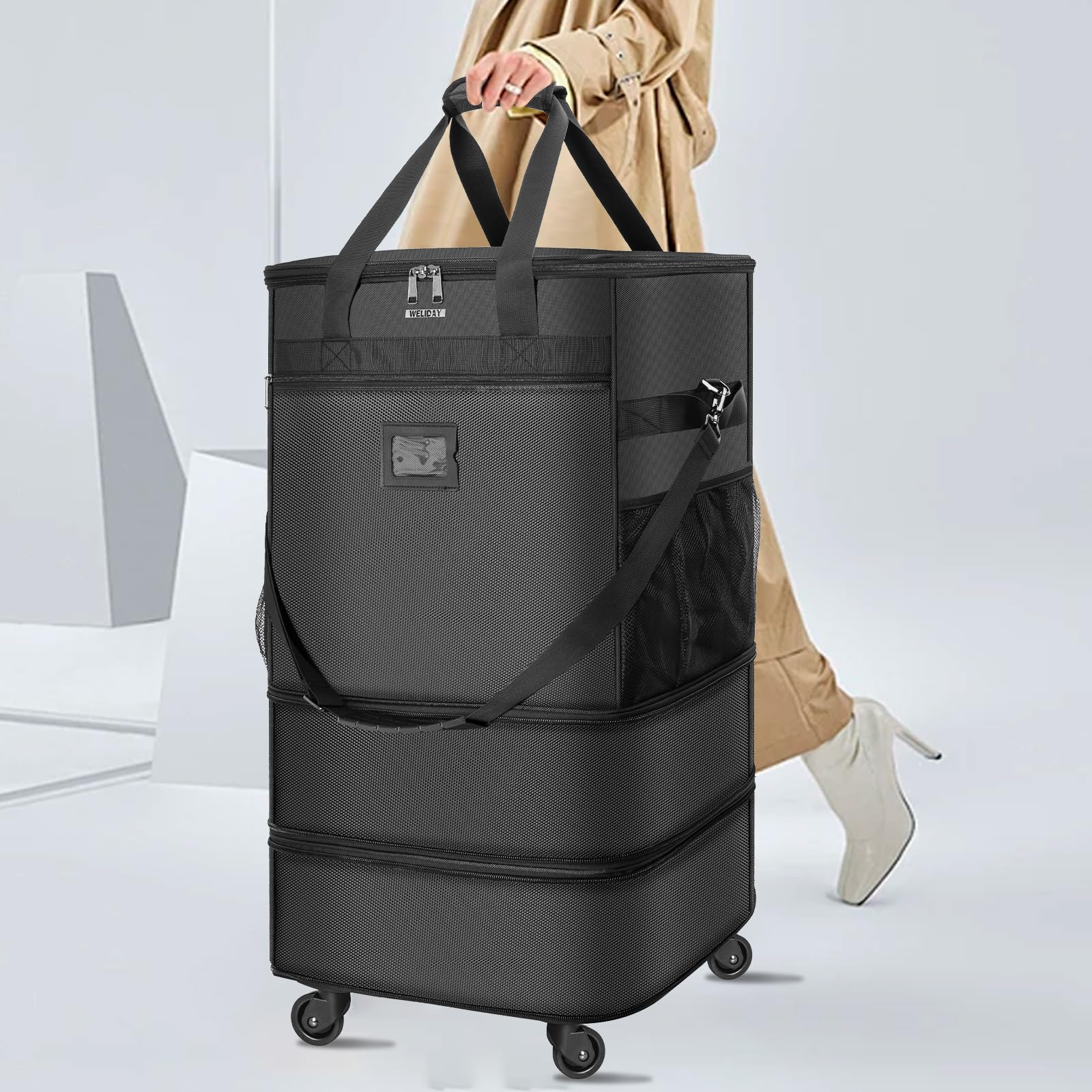 AKOZLIN Valigia pieghevole espandibile con 4 ruote universali, bagaglio pieghevole da 50/61/71 cm, borsa da viaggio di grande capacità, per viaggi di lavoro, nero
