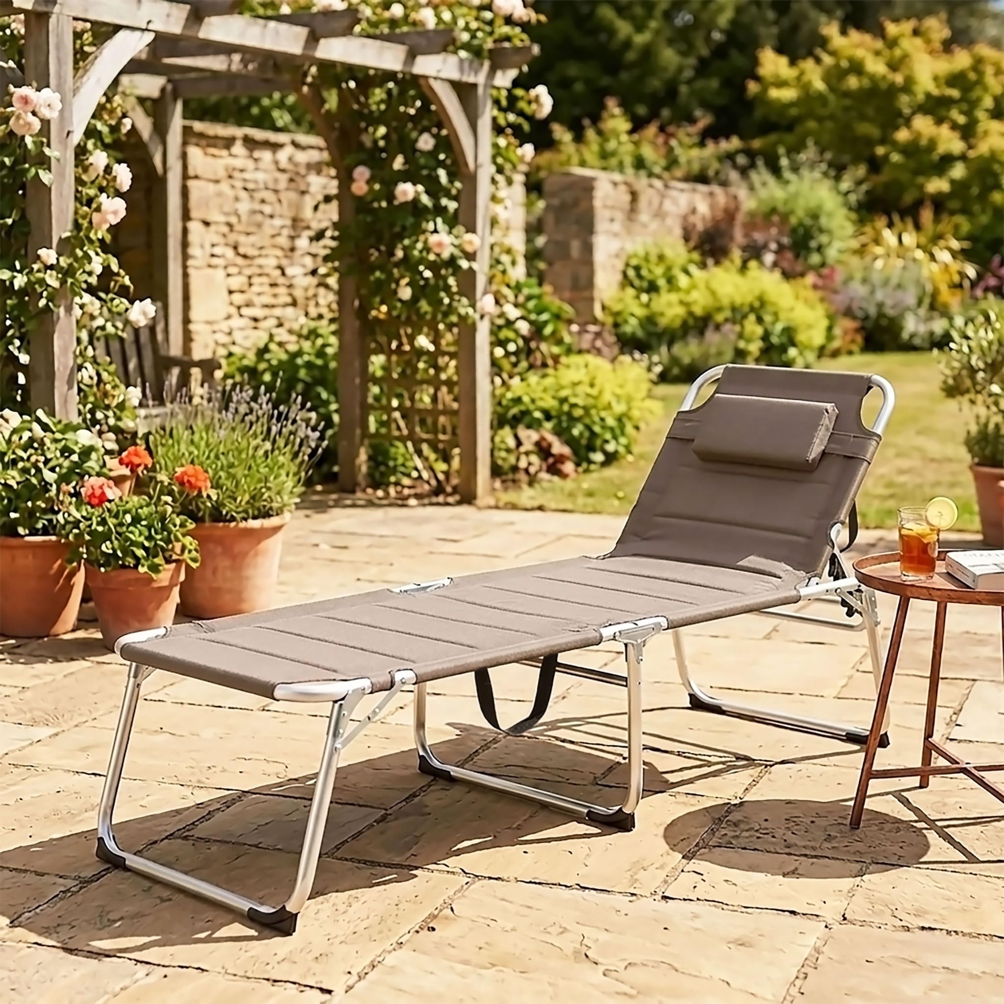 Spetebo Aluminiowa leżanka ogrodowa XXL – taupe – leżak tapicerowany z poduszką – powierzchnia do leżenia 199 x 70 cm, obciążenie do 150 kg
