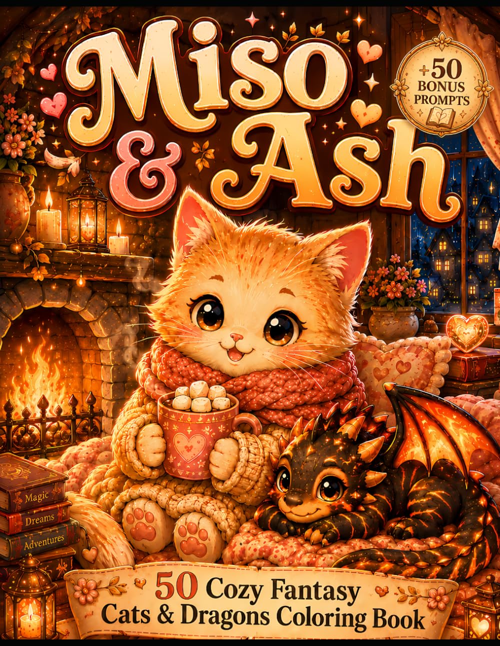 Miso & Ash: 50 Cozy Fantasy Cats & Dragons Coloring Pages with Bonus Creative Writing Prompts (Miso & Ash Coloring Books)